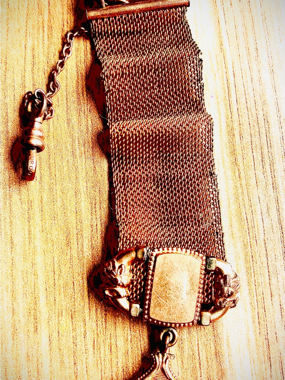 Men's Vintage Gold Filled Mesh Watch Chain with Ornate Medallion